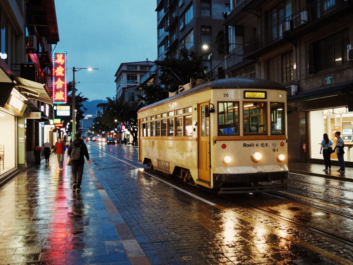 Taipei Blue Hour Street Scene with Heritage Tram and Cobblestone Avenue in in Taipei, Taiwan