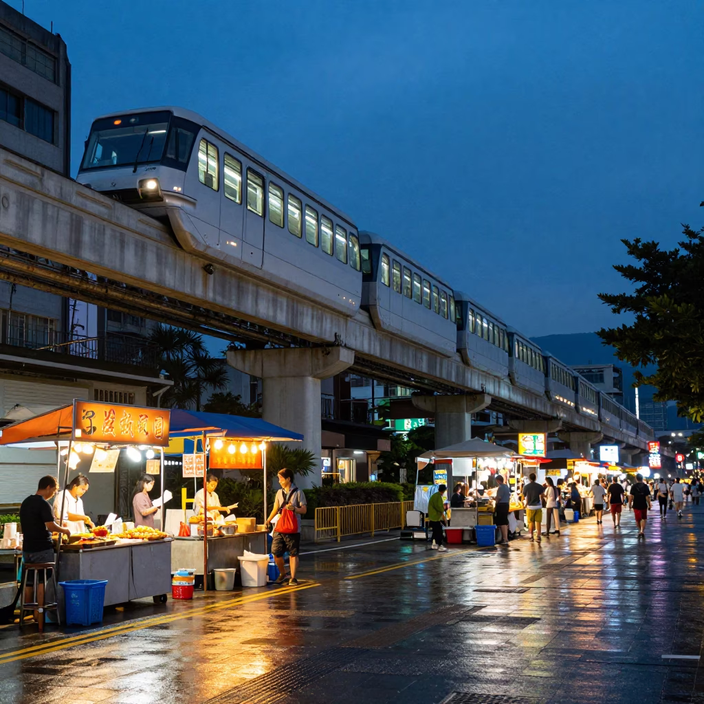 Taipei Blue Hour Street Scene with Monorail and Night Market Stalls in in Taipei, Taiwan