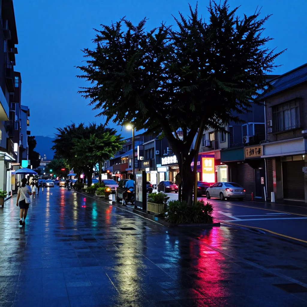 Taipei Blue Hour Street Scene with Neon Reflections and Tamarind Tree in in Taipei, Taiwan