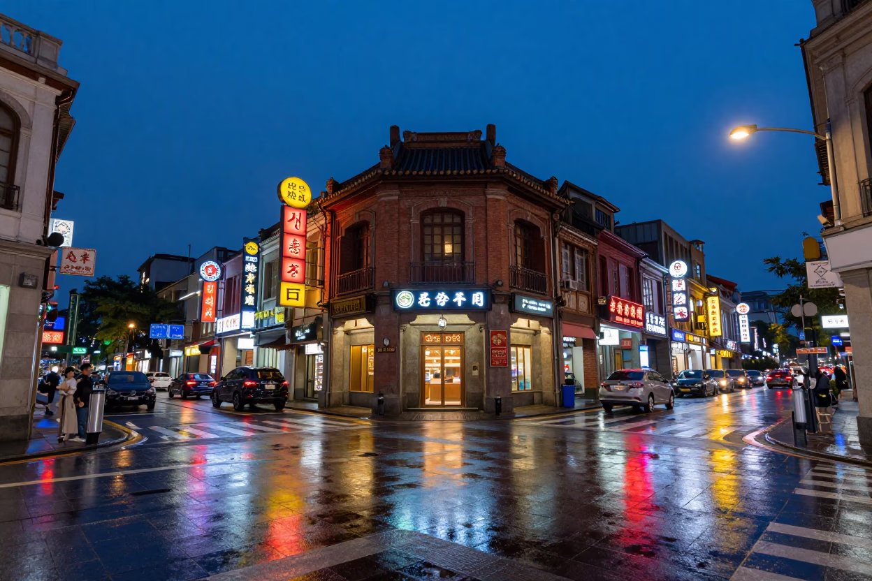 Taipei Blue Hour Street Scene with Neon Reflections and Traditional Architecture in in Taipei, Taiwan