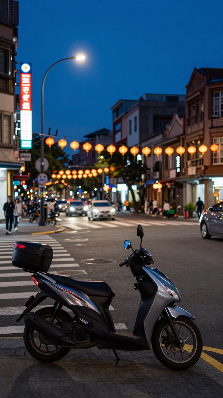 Taipei Blue Hour Street Scene with Parked Motorcycle and Lantern Festival Atmosphere in in Taipei, Taiwan