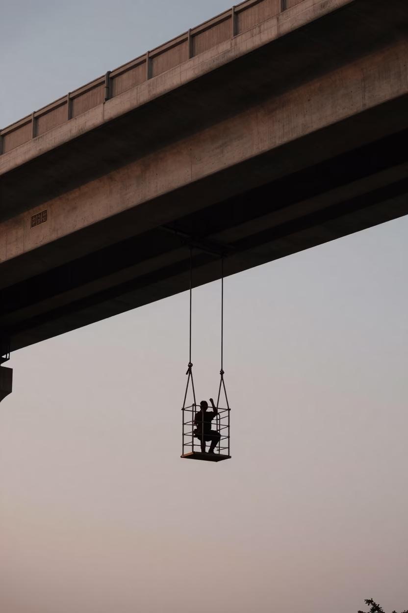 Taipei Bridge Maintenance Cage Swinging in Pre-Dawn Wind in in Taipei, Taiwan
