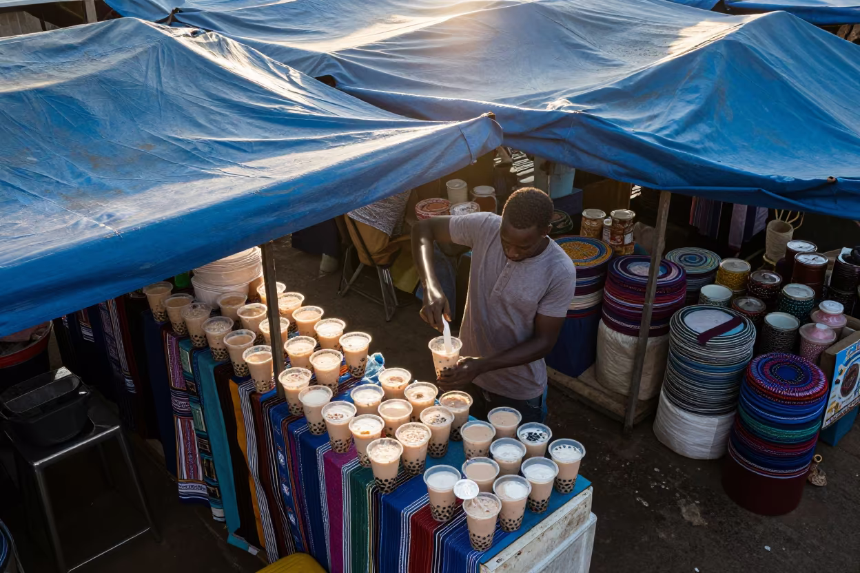 Taipei Bubble Tea Vendor Shaking Cups at Keur Massar Market in at a textile trader's stall in Keur Massar Sud