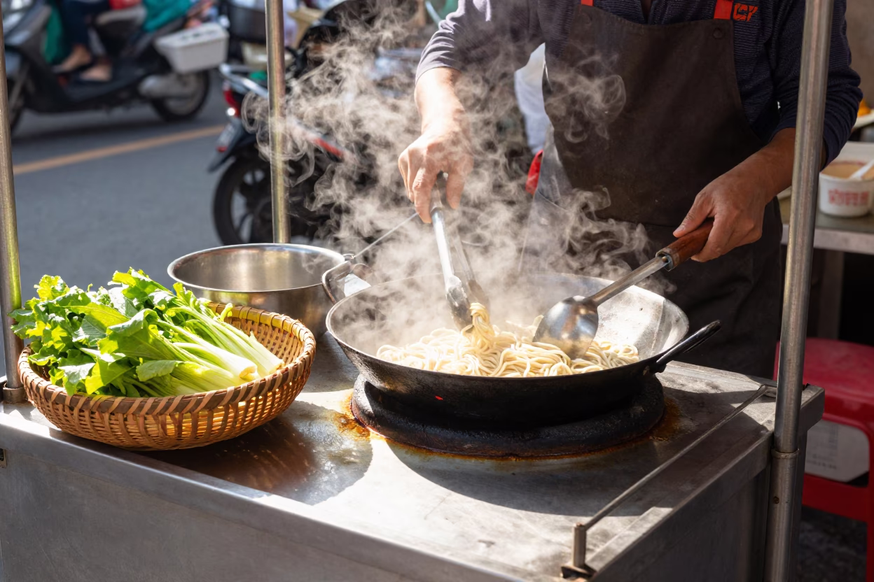 Taipei Cooking Noodles at Bright Midmorning Light in in Taipei, Taiwan