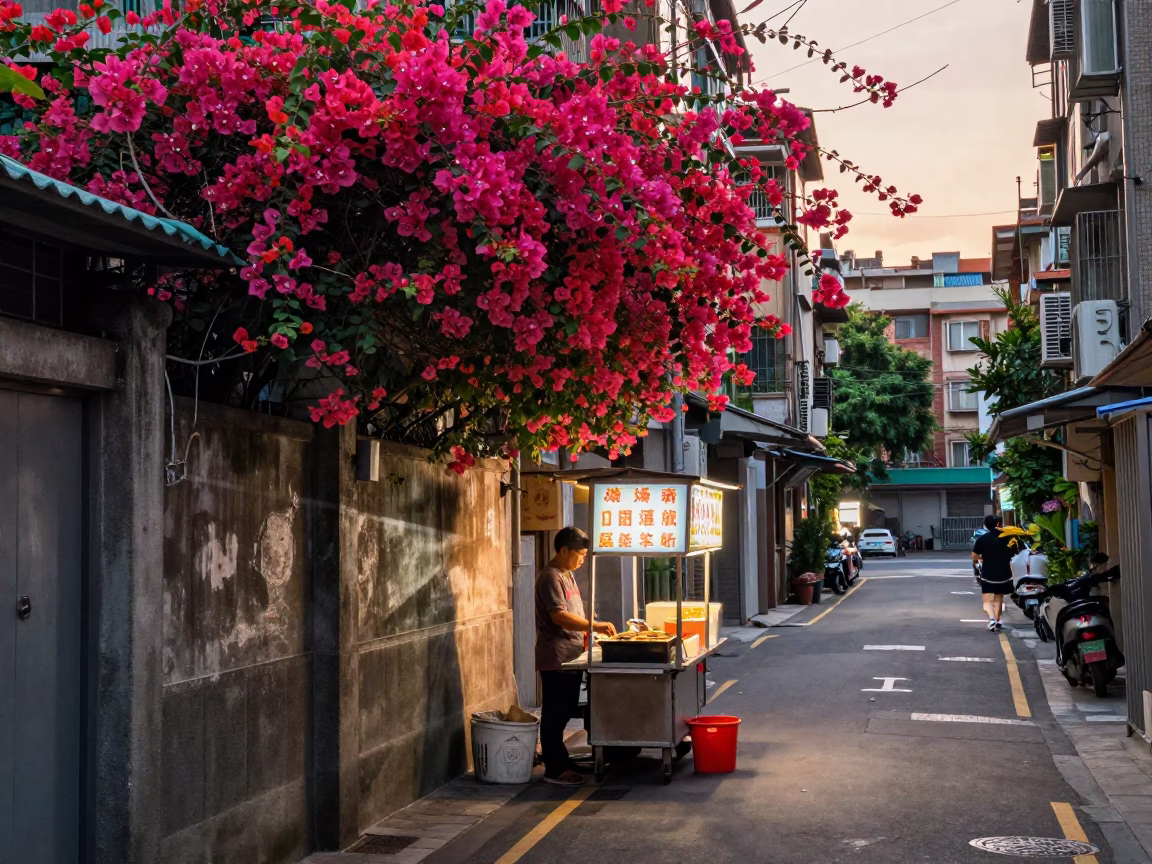 Taipei Dawn Street Scene with Bougainvillea and Takoyaki Vendor in in Taipei, Taiwan