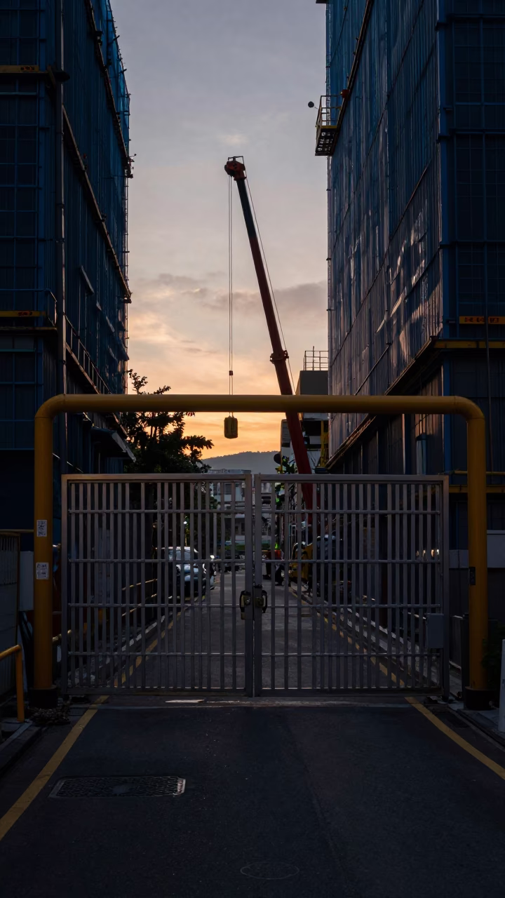 Taipei Dawn Street Scene with Construction Elevator Gate and Rebar Bundles Before Sunrise in in Taipei, Taiwan