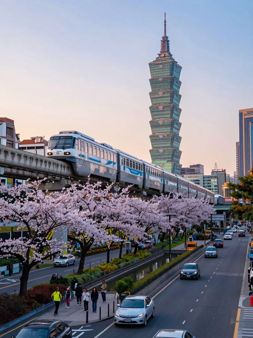 Taipei Dawn Street Scene with Monorail and Canal Trees in in Taipei, Taiwan