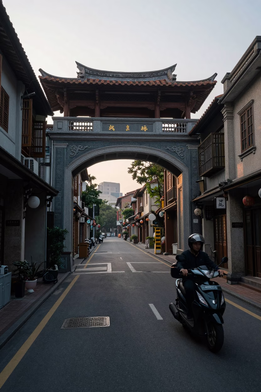 Taipei Early Morning Street Scene with Scooter and Traditional Market Elements in in Taipei, Taiwan