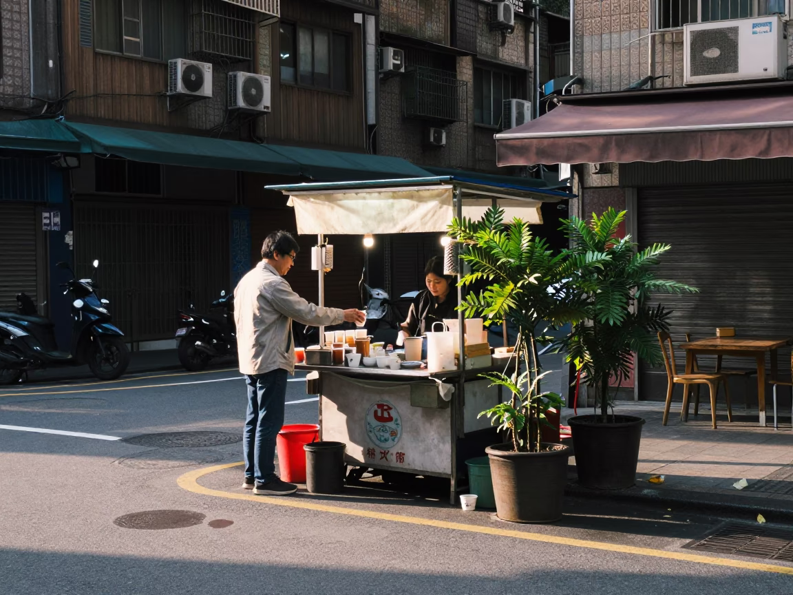 Taipei Early Morning Street Scene with Tea Stains and Wisteria Bloom in in Taipei, Taiwan