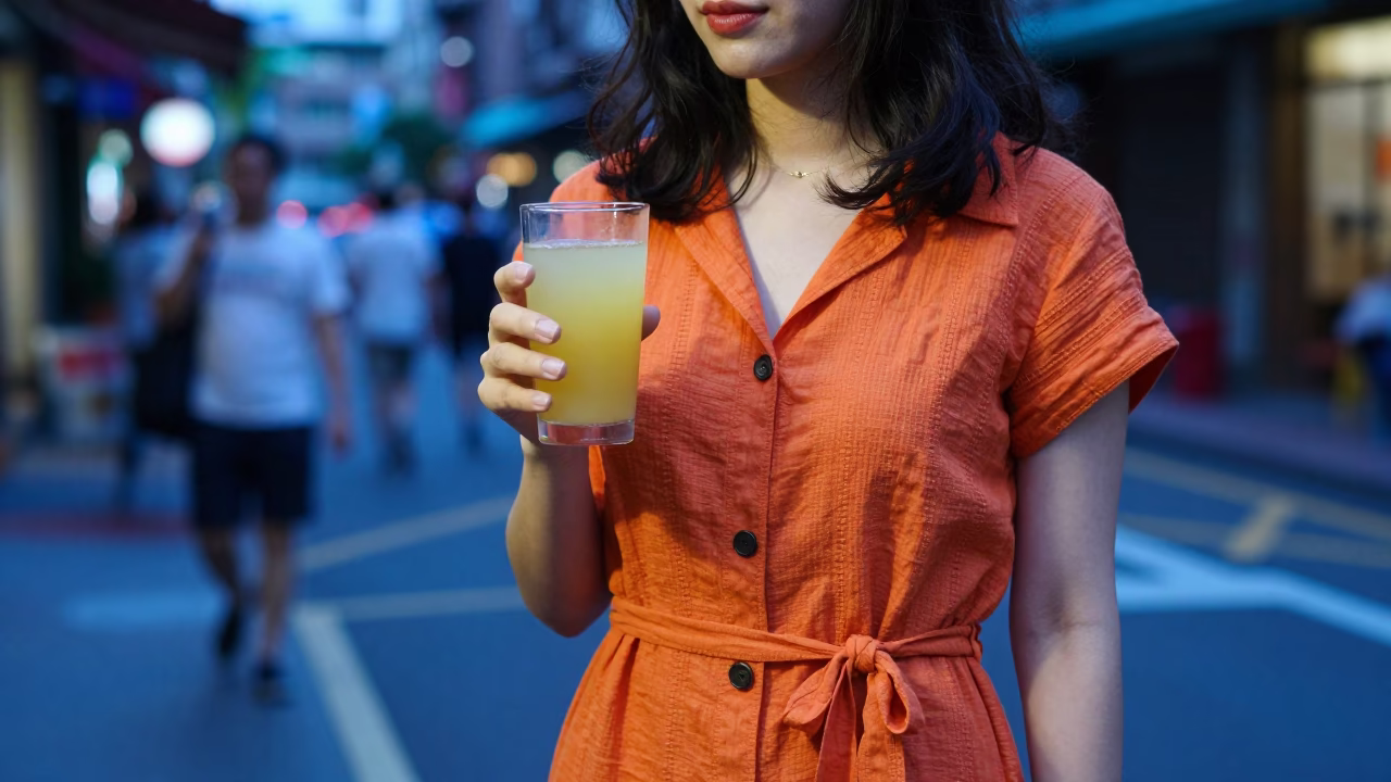 Taipei Evening Street Fashion with Sugarcane Juice and Linen Fringe Details in in Taipei, Taiwan