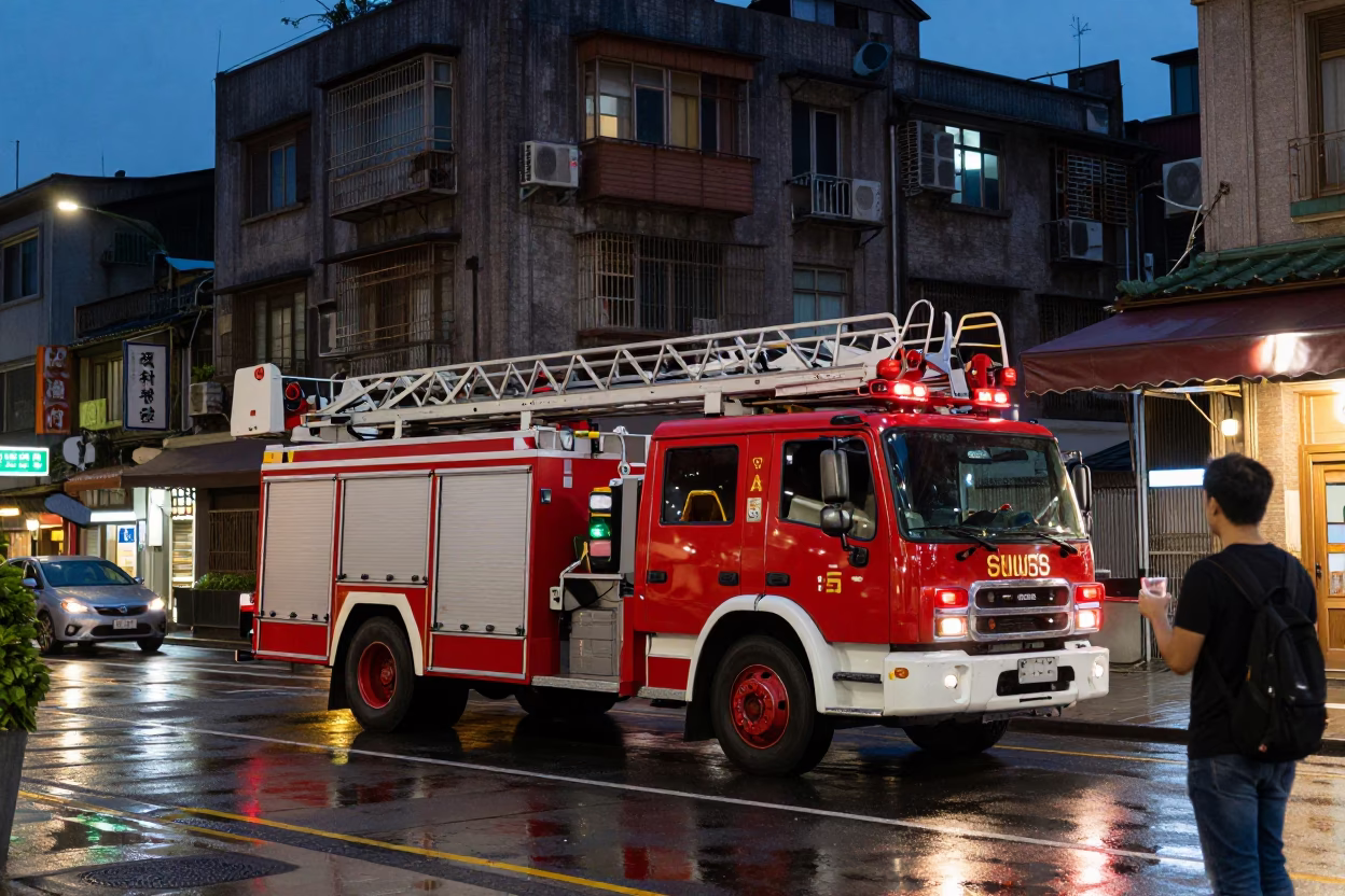 Taipei Evening Street Scene with Fire Engine Ladder and Urban Glass Reflections in in Taipei, Taiwan