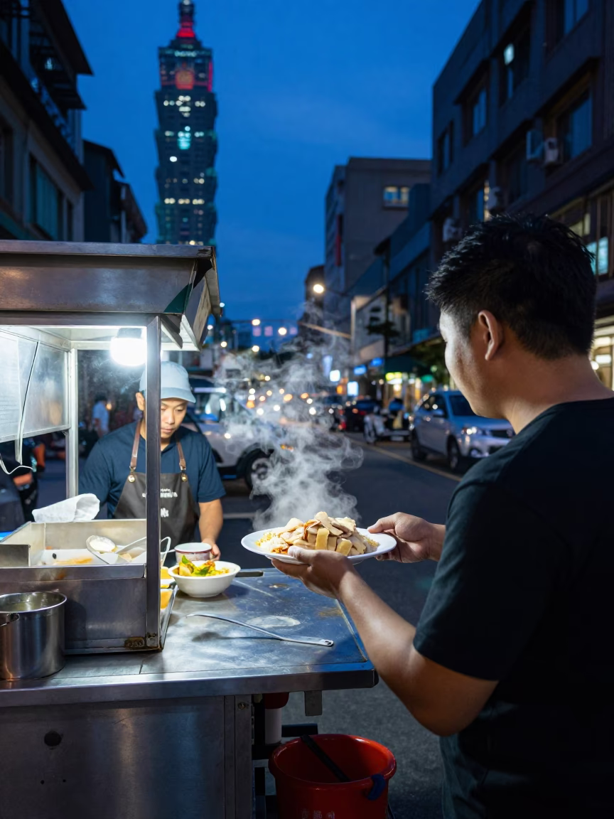 Taipei Evening Street Scene with Hainanese Chicken Rice and Soap Bottle in in Taipei, Taiwan