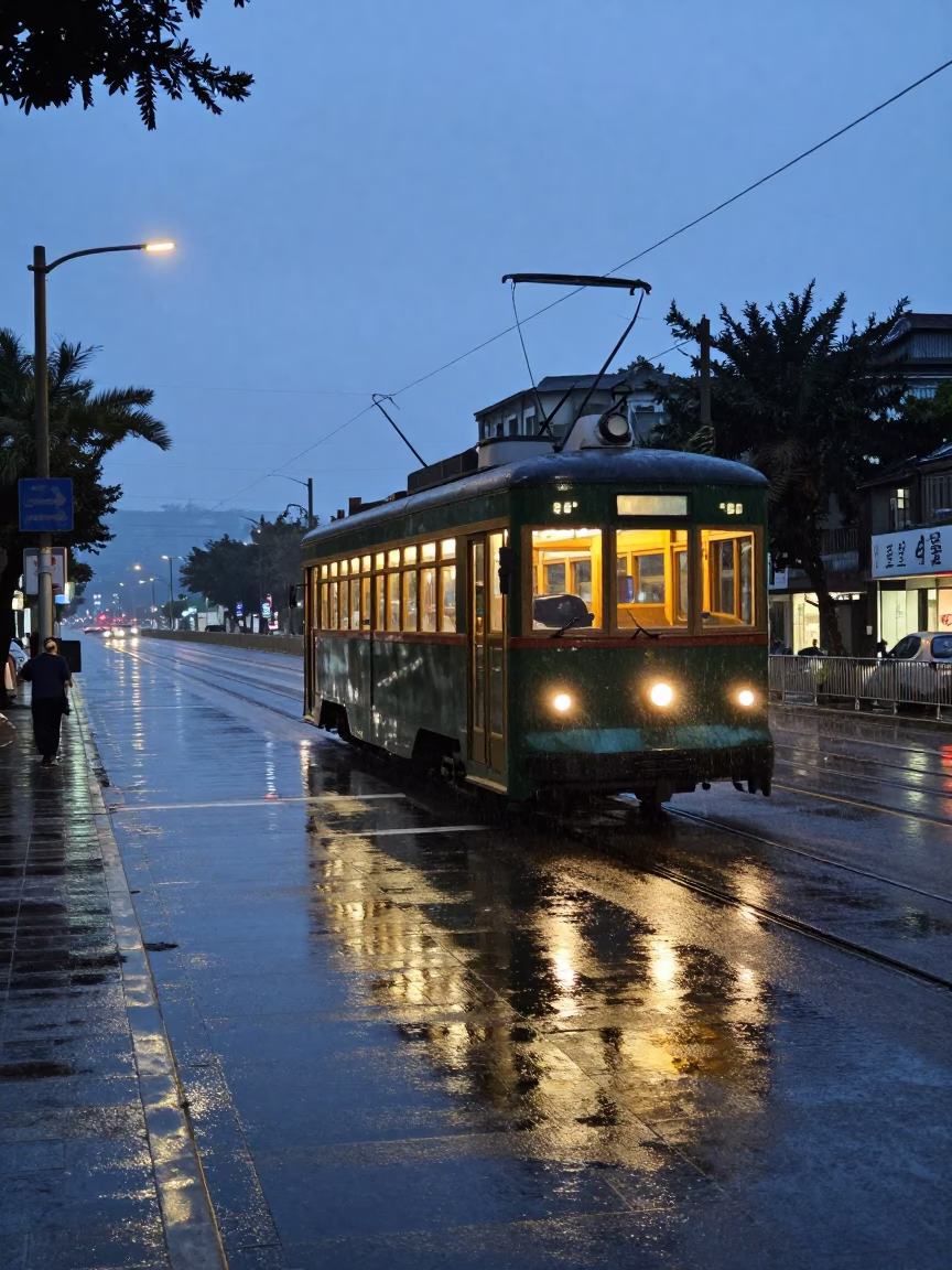 Taipei Evening Street Scene with Heritage Tram and Rain-Swept Promenade in in Taipei, Taiwan