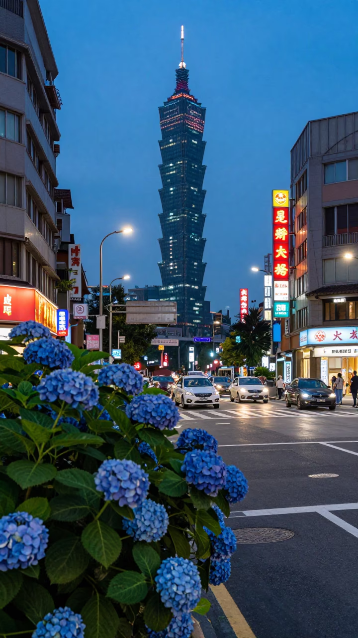 Taipei Evening Street Scene with Hydrangea Bush and Urban Life in in Taipei, Taiwan