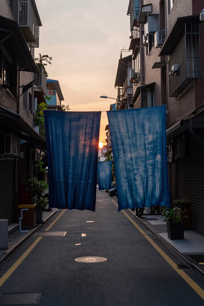 Taipei Evening Street Scene with Indigo Fabric and Condensation in in Taipei, Taiwan