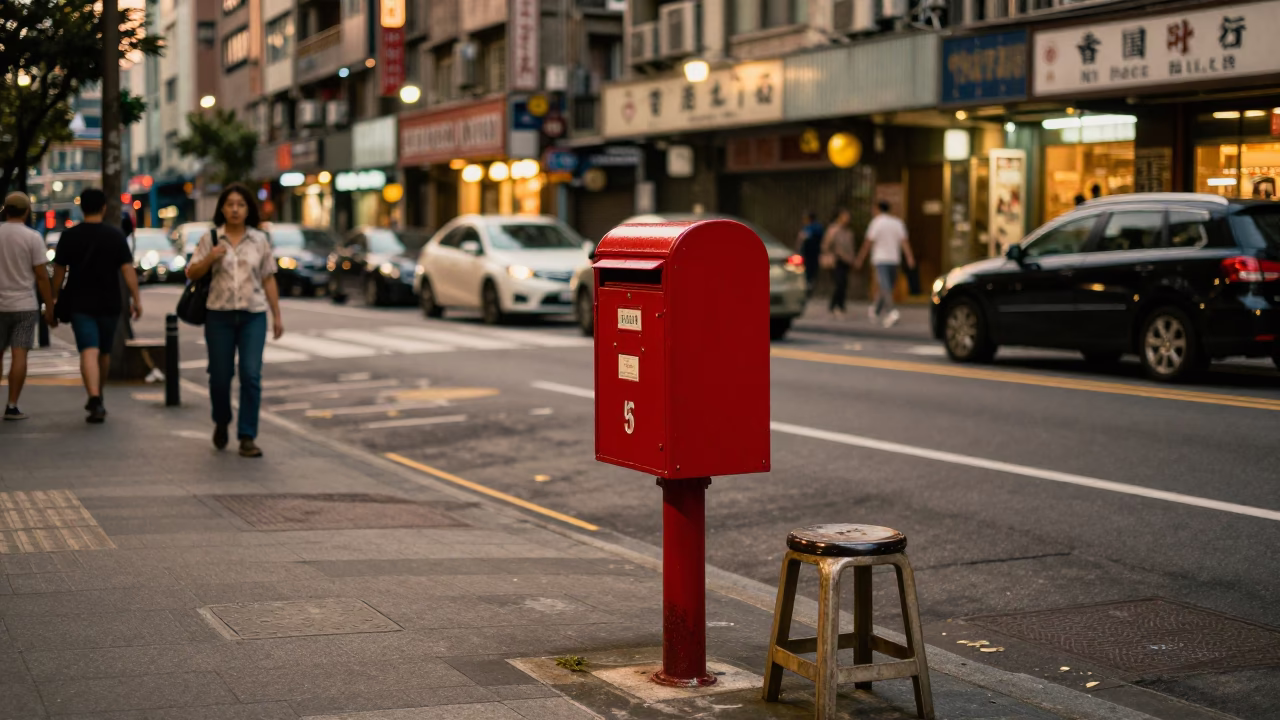 Taipei Evening Street Scene With Mailbox And Stool In Honeyed Light in in Taipei, Taiwan