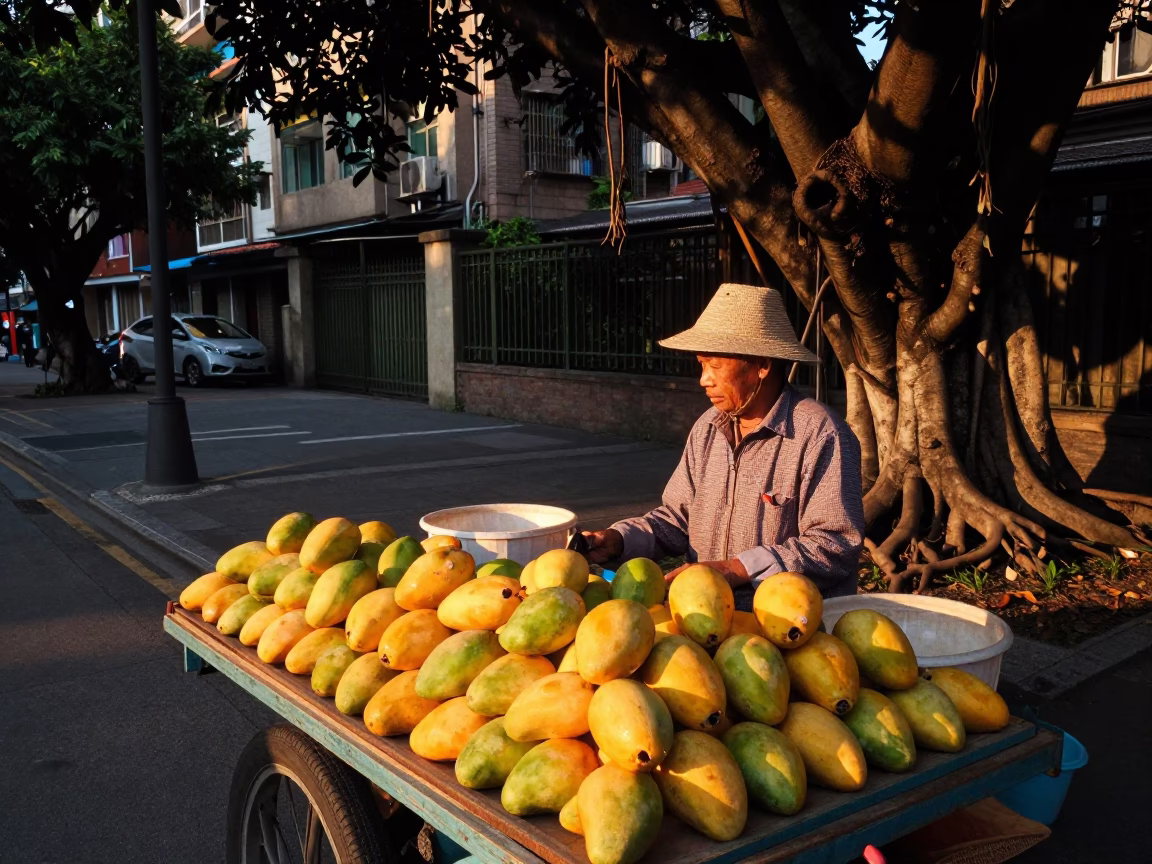 Taipei Evening Street Scene with Mangoes and Kapok Tree in Honeyed Light in in Taipei, Taiwan