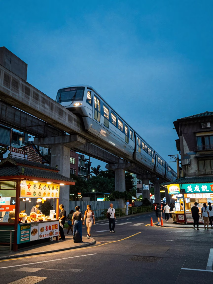 Taipei evening street scene with monorail and traditional food vendor in in Taipei, Taiwan