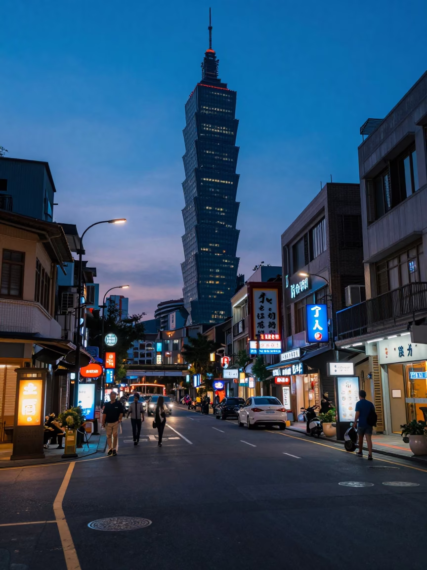 Taipei Evening Street Scene with Neon Lights and Local Food Vendors in in Taipei, Taiwan