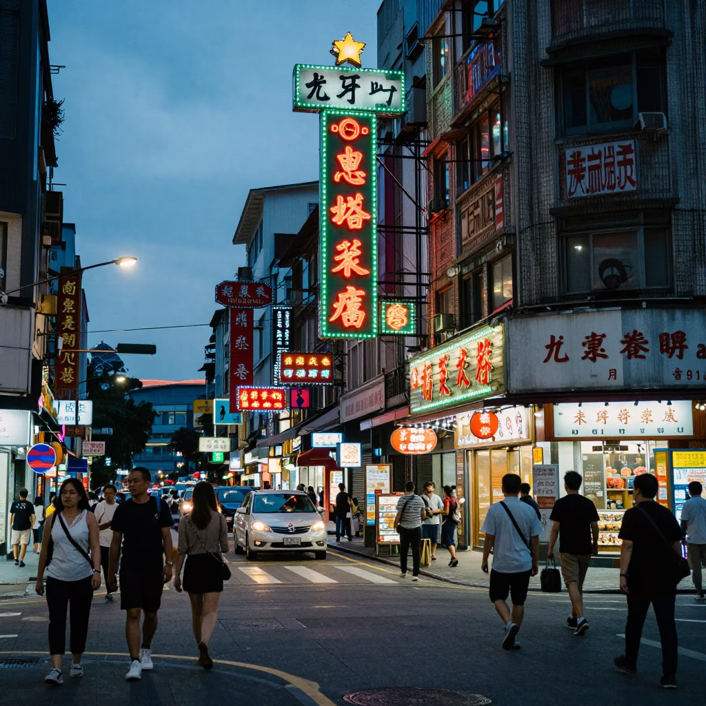 Taipei Evening Street Scene with Neon Signs and Pedestrians Under Twilight in in Taipei, Taiwan