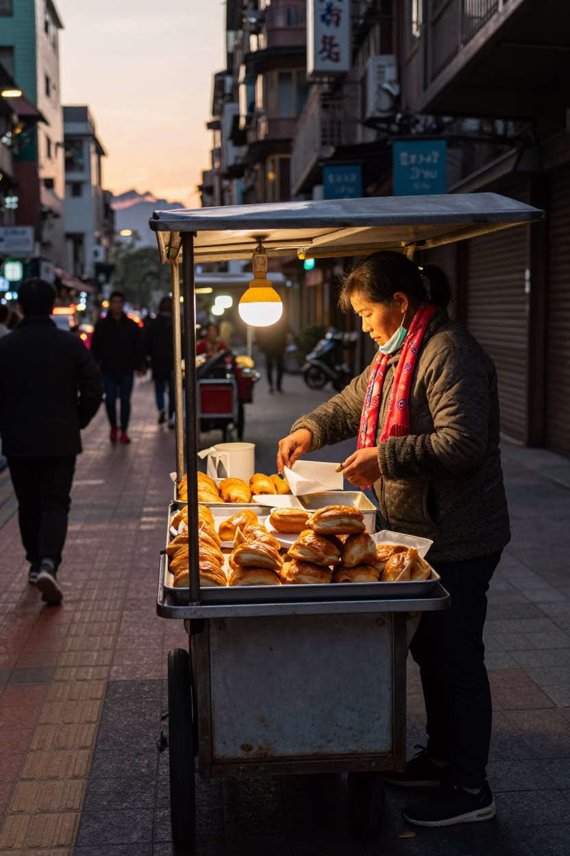 Taipei Evening Street Scene with Pastries and Scarf in Honeyed Light in in Taipei, Taiwan