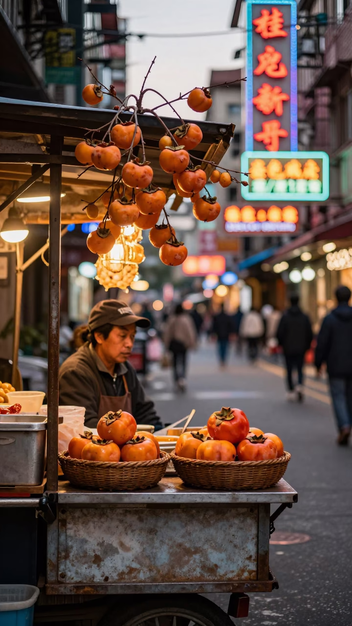 Taipei Evening Street Scene with Persimmons and Neon Signs in Honeyed Light in in Taipei, Taiwan