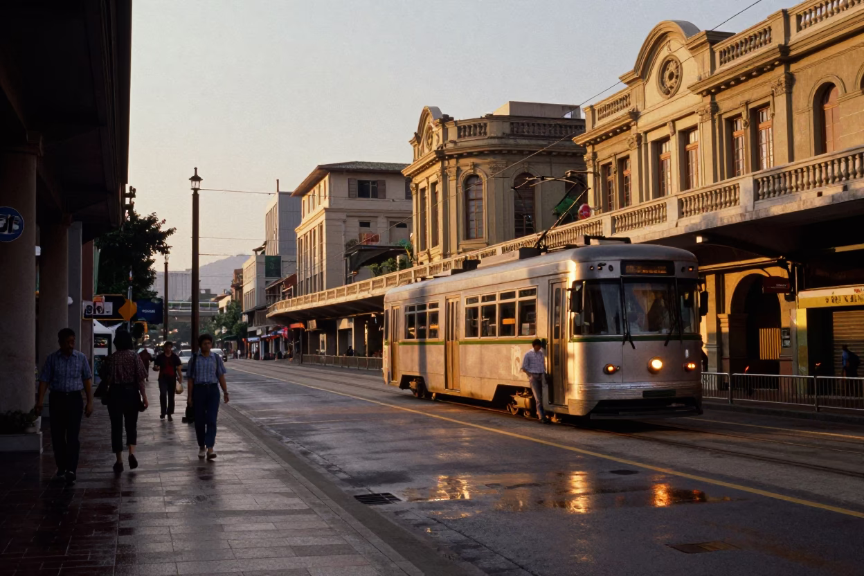 Taipei Evening Street Scene with Tram and Urban Architecture in in Taipei, Taiwan