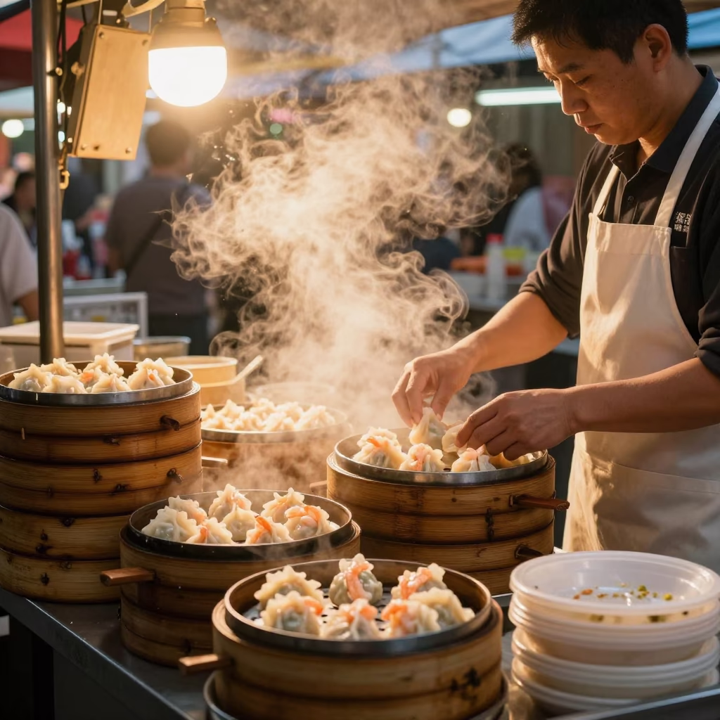 Taipei Food Stall at Golden Hour in in Taipei, Taiwan