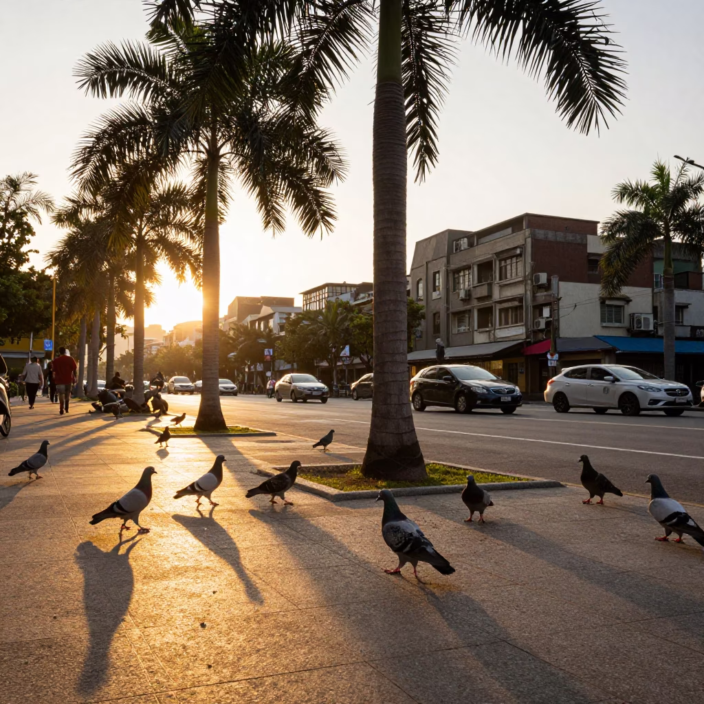 Taipei Golden Hour Street Scene with Pigeons and Palm Trees in in Taipei, Taiwan