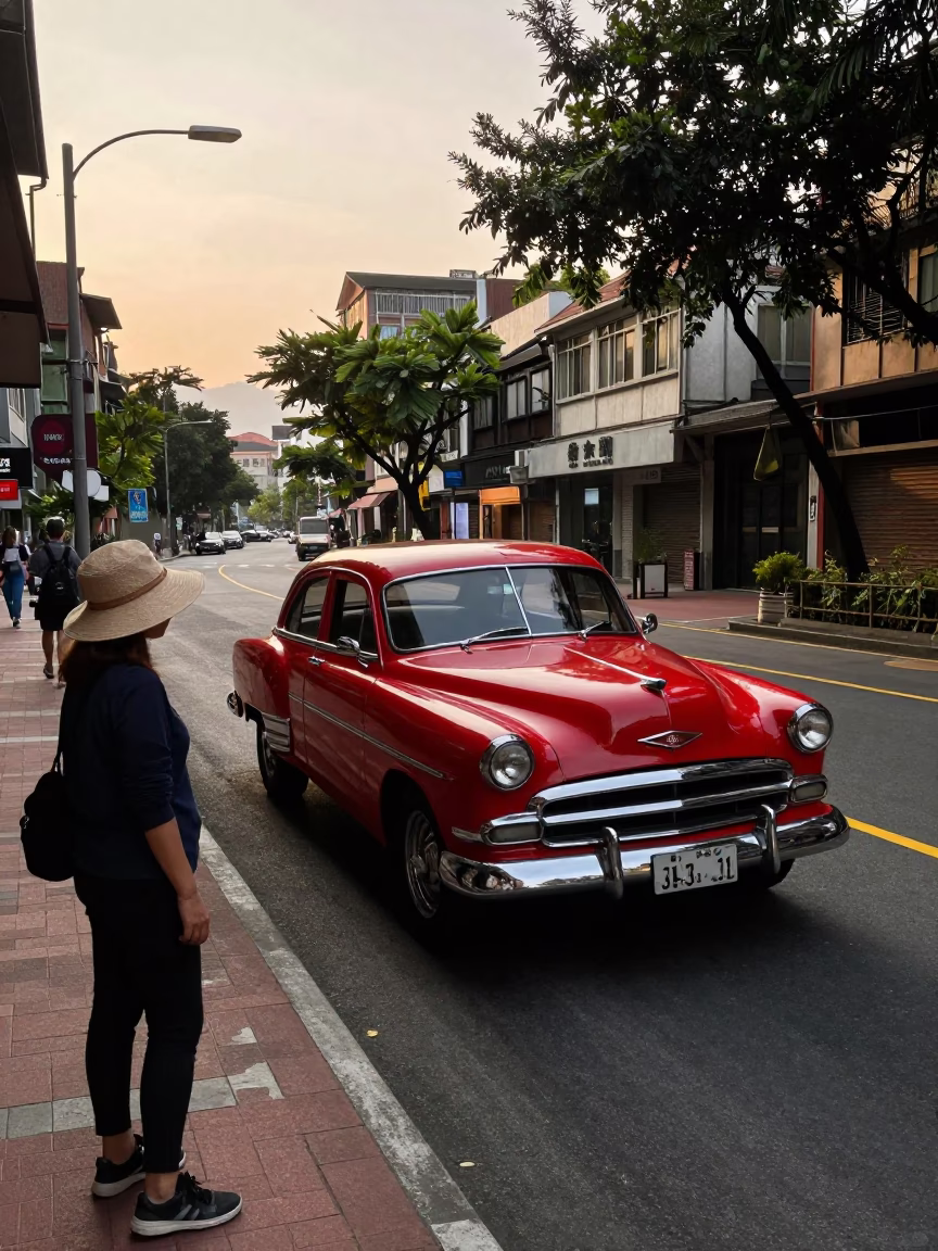 Taipei Golden Hour Street Scene with Vintage Car and Sun Hats in in Taipei, Taiwan