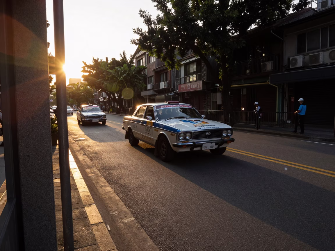 Taipei Golden Hour Street Scene with Vintage Car Rally and Paint Flecks in in Taipei, Taiwan