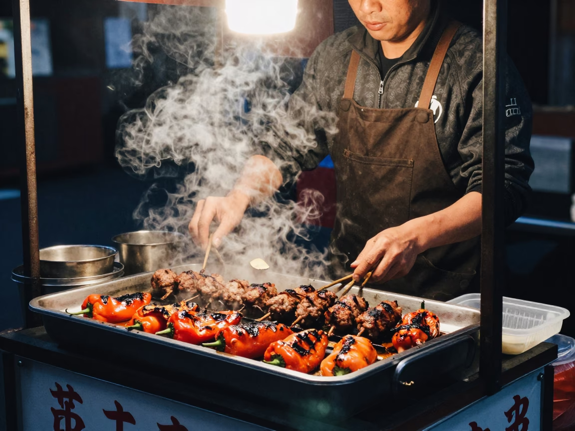 Taipei Grilled Peppers at The Predawn Darkness Light in in Taipei, Taiwan