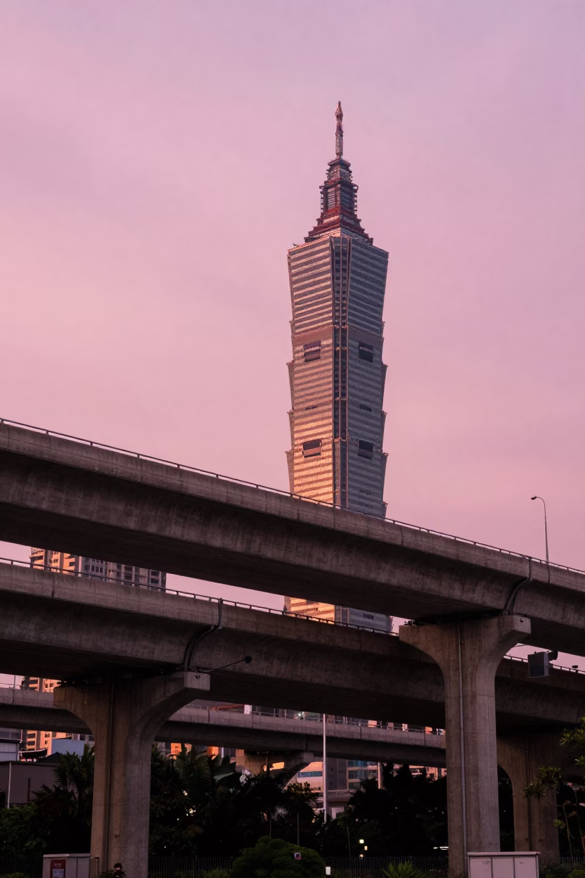 Taipei Highway Flyover Stack Against Pink Evening Sky Before Dusk in in Taipei, Taiwan