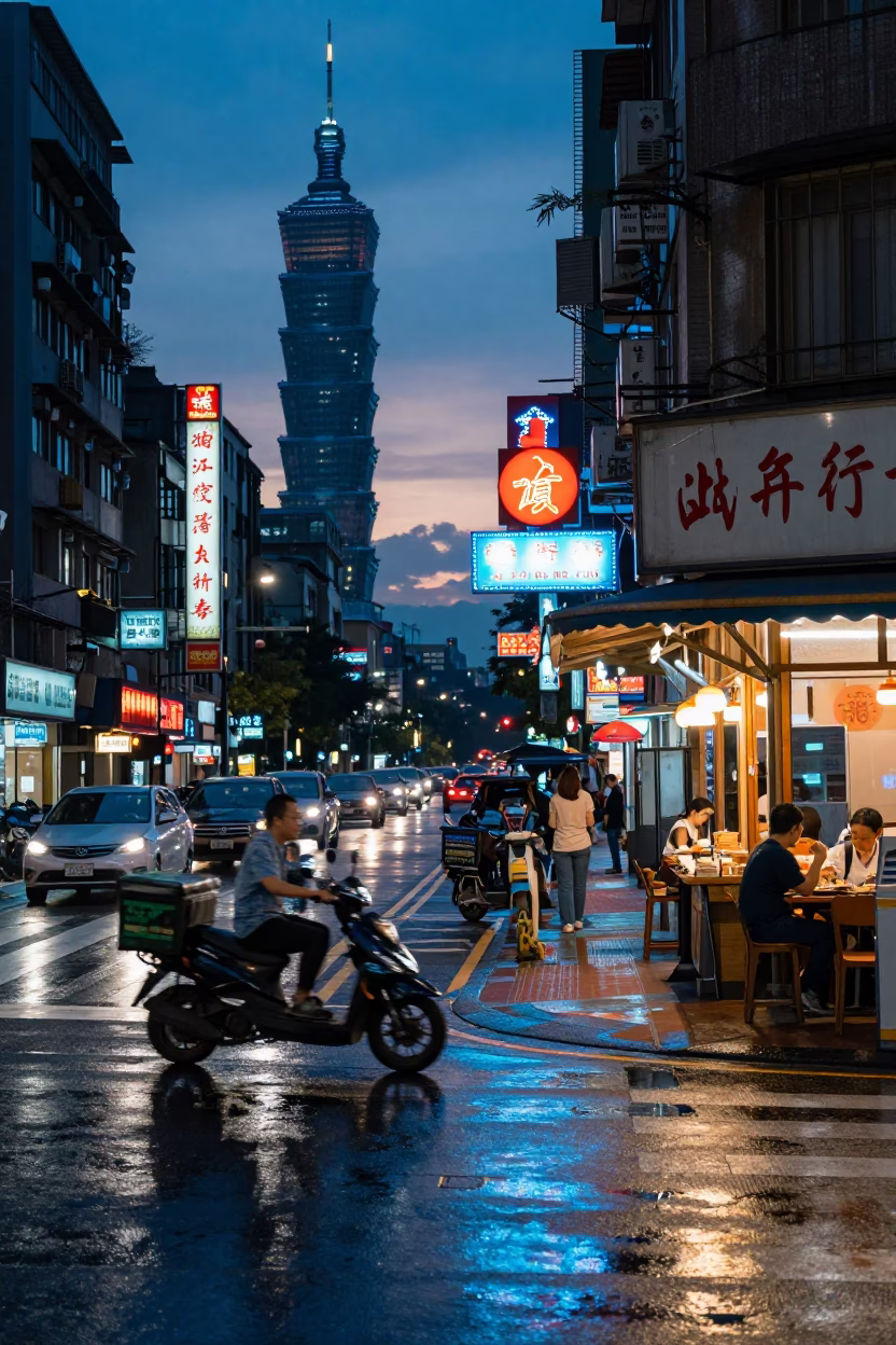 Taipei Indigo Twilight Street Scene with Neon Signs and Urban Activity in in Taipei, Taiwan