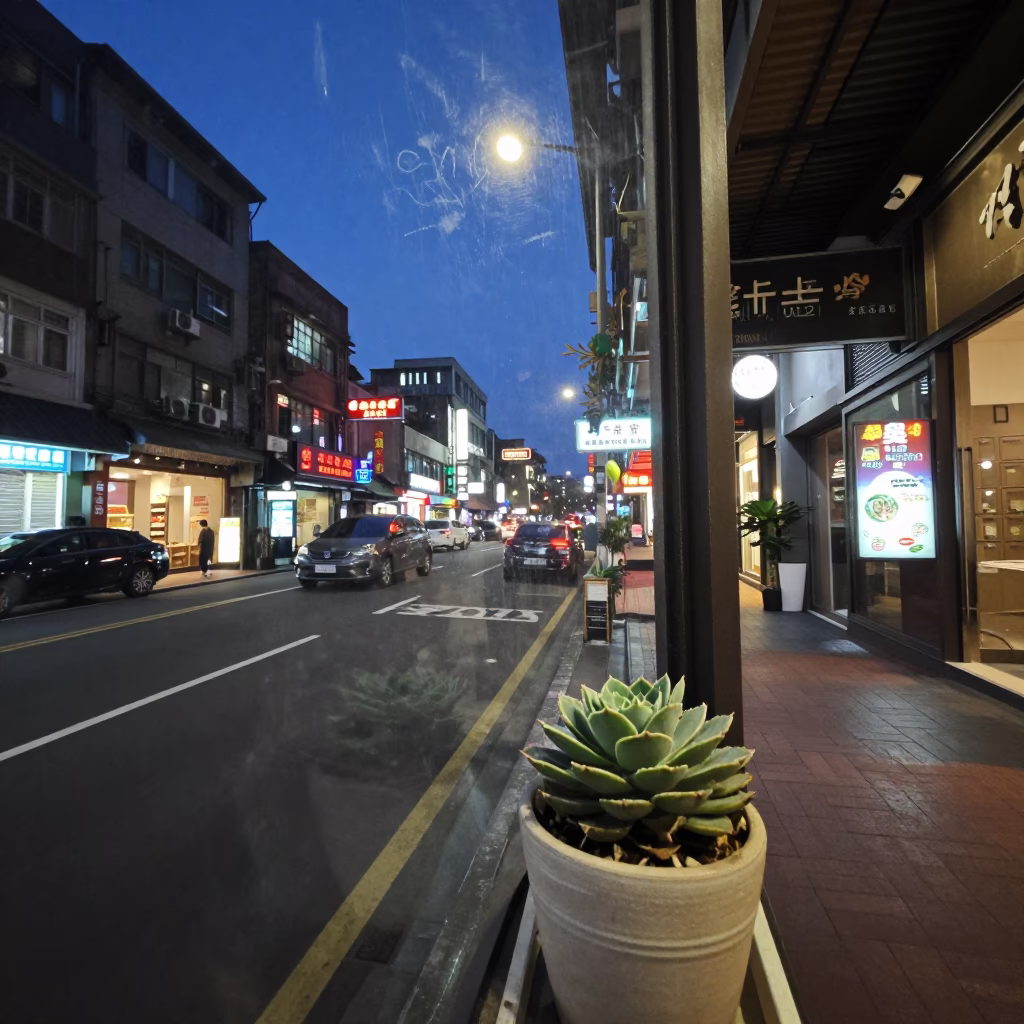 Taipei indigo twilight street scene with scratched window and notebook on busy sidewalk in in Taipei, Taiwan
