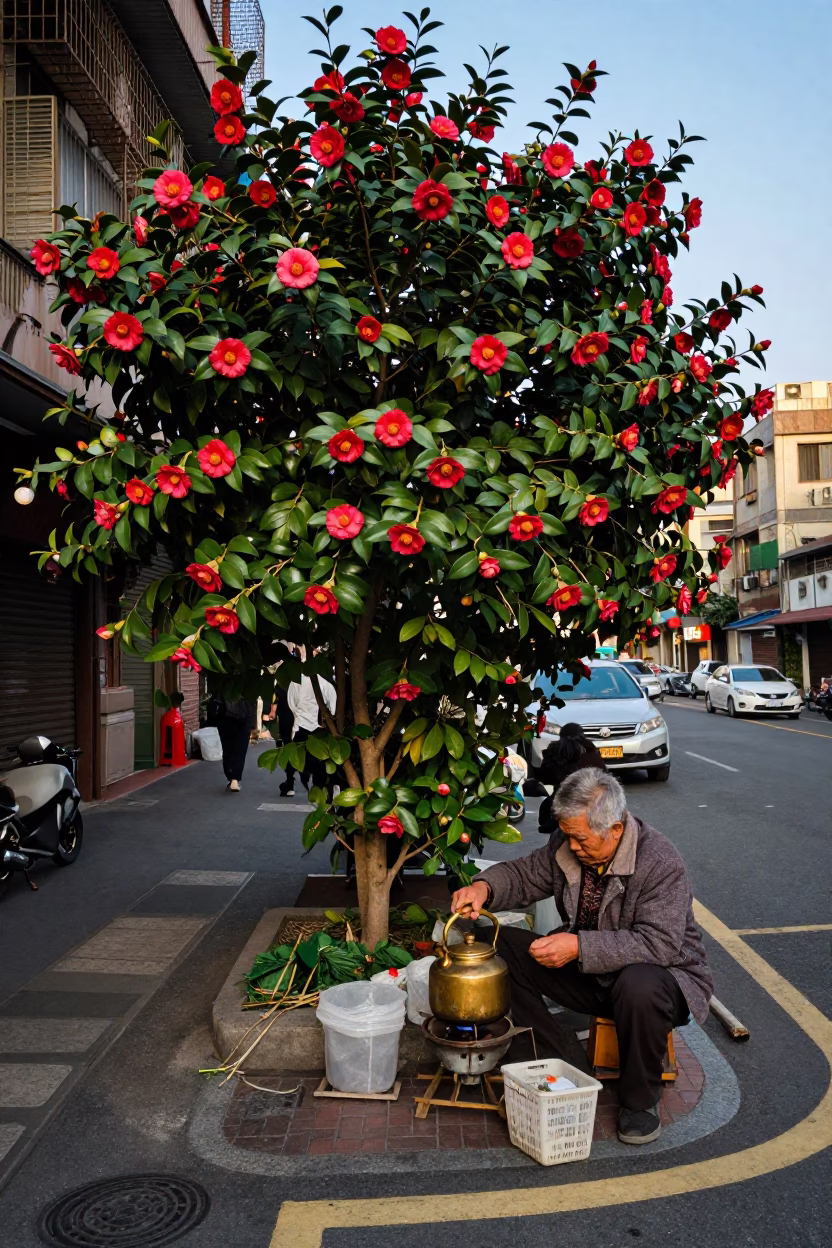 Taipei Late Afternoon Street Scene with Camellia Shrub and Traditional Tea Kettle in in Taipei, Taiwan