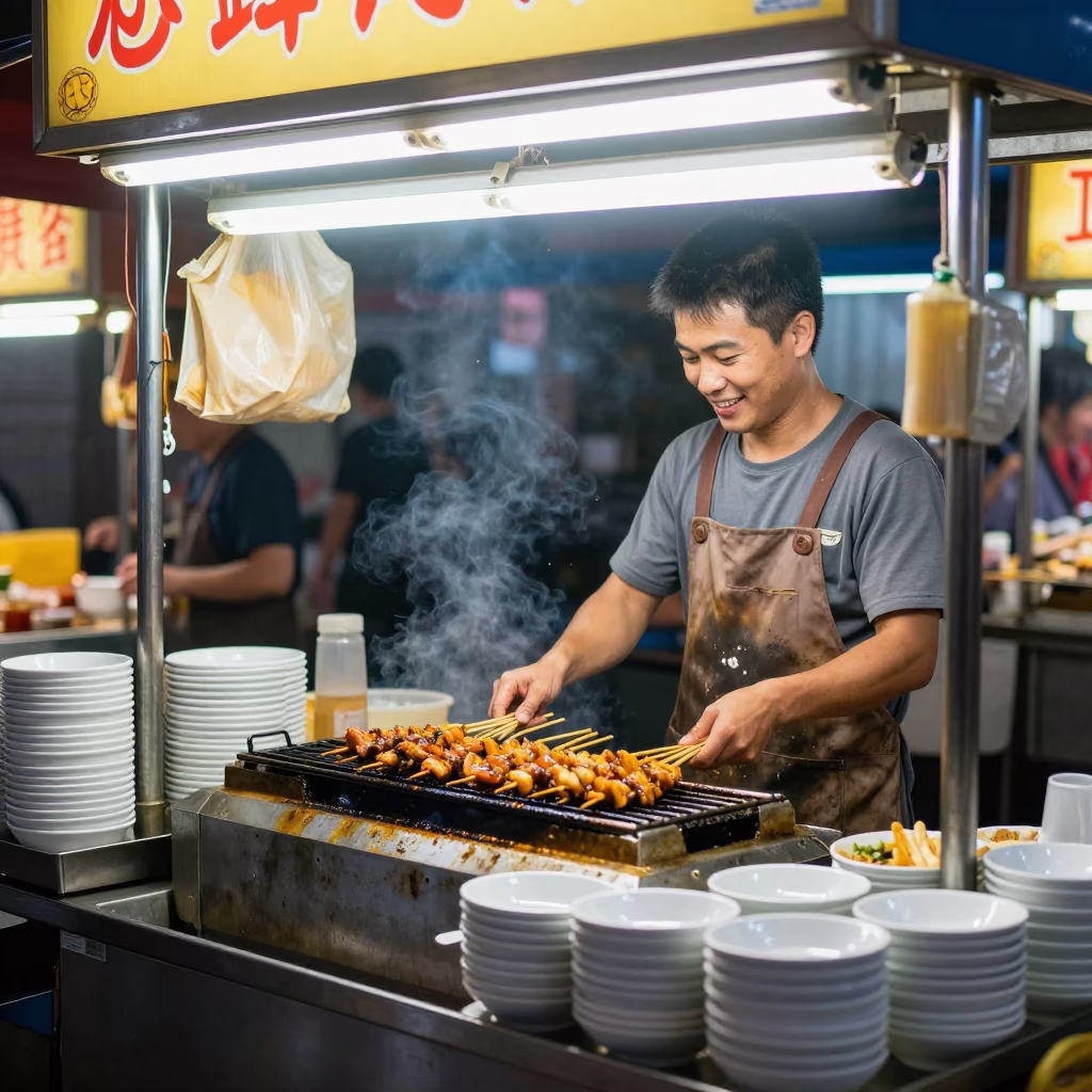 Taipei Market Stall at Midnight Light in in Taipei, Taiwan