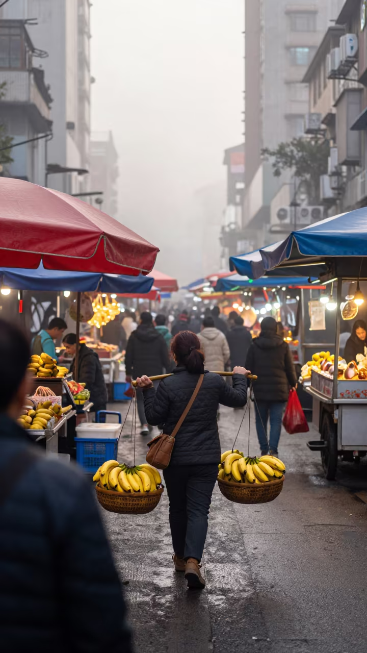 Taipei Market Woman Bananas Dawn Mist in in Taipei