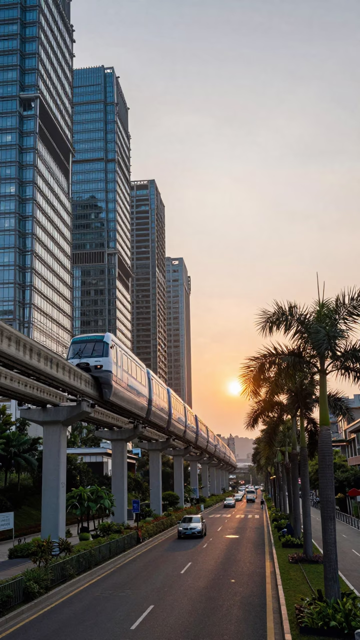 Taipei Monorail Gliding Past Glass Towers and Palm Trees at Sunset in in Taipei, Taiwan