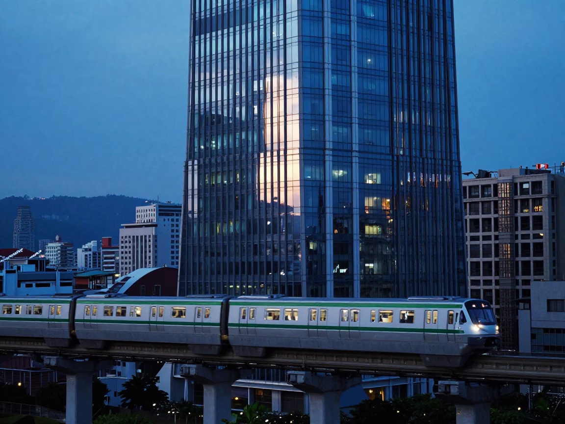 Taipei Monorail Reflection in Glass Skyscraper During Blue Hour Evening Light in in Taipei, Taiwan