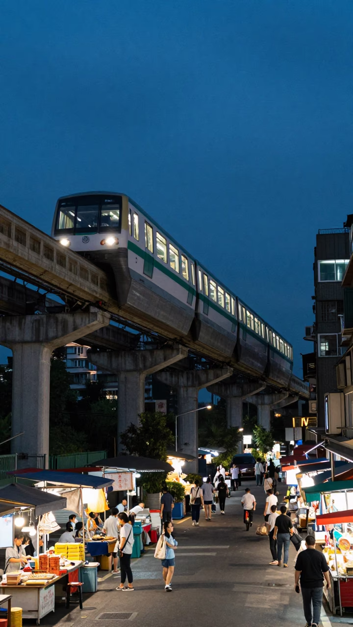 Taipei Monorail Tracks Above Night Market Stalls in Indigo Twilight in in Taipei, Taiwan