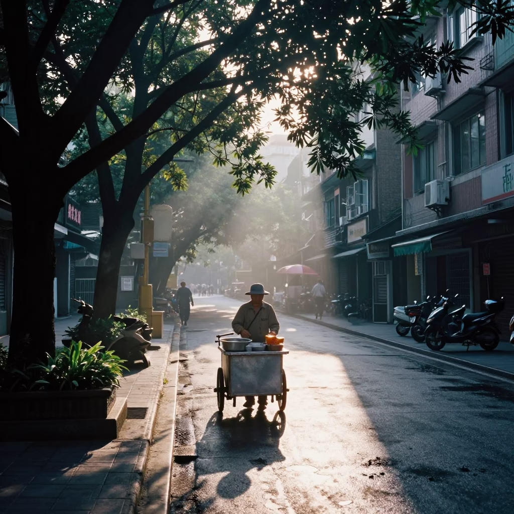 Taipei Morning Street Scene with Condensation Glass and Local Commerce in in Taipei, Taiwan