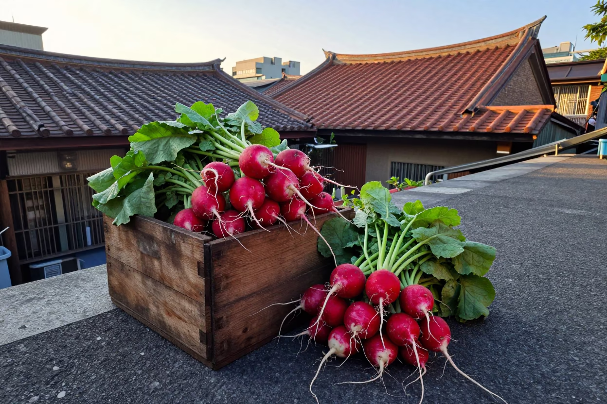Taipei Morning Street Scene with Crate and Radishes at Sunrise in in Taipei, Taiwan