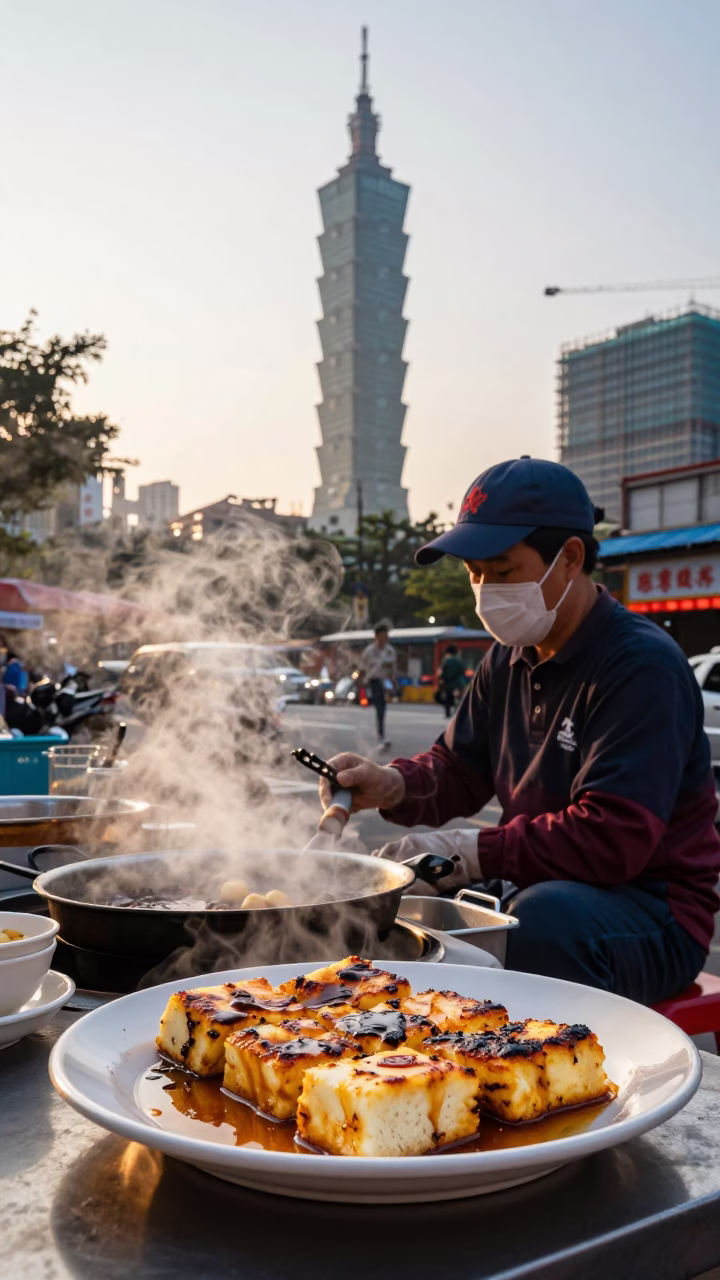 Taipei Morning Street Scene with Grilled Halloumi Plate and Construction Pile Driver at Sunrise in in Taipei, Taiwan