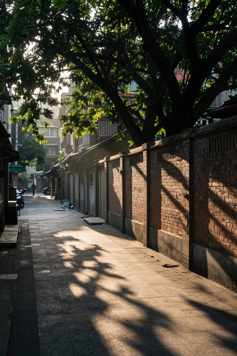 Taipei morning street scene with leaf shadows on tiled pavement after sunrise in in Taipei, Taiwan