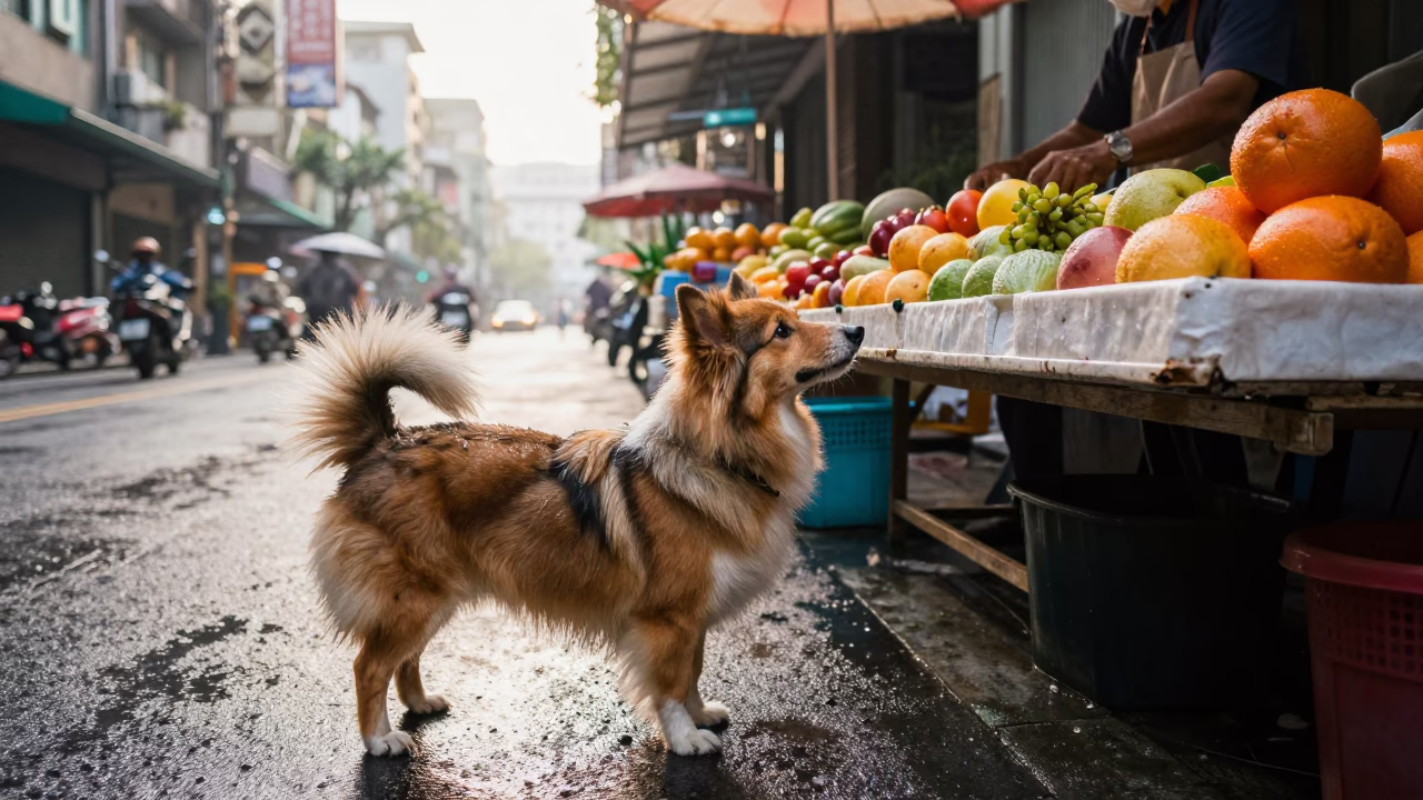 Taipei Morning Street Scene with Miniature American Shepherd and Local Shopfronts in in Taipei, Taiwan