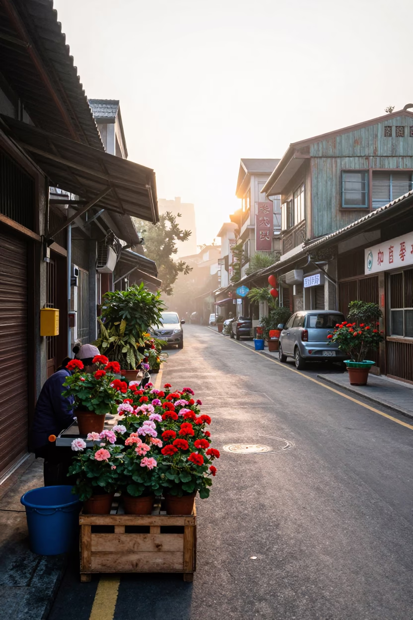 Taipei Morning Street Scene with Potted Geraniums and Urban Architecture in in Taipei, Taiwan