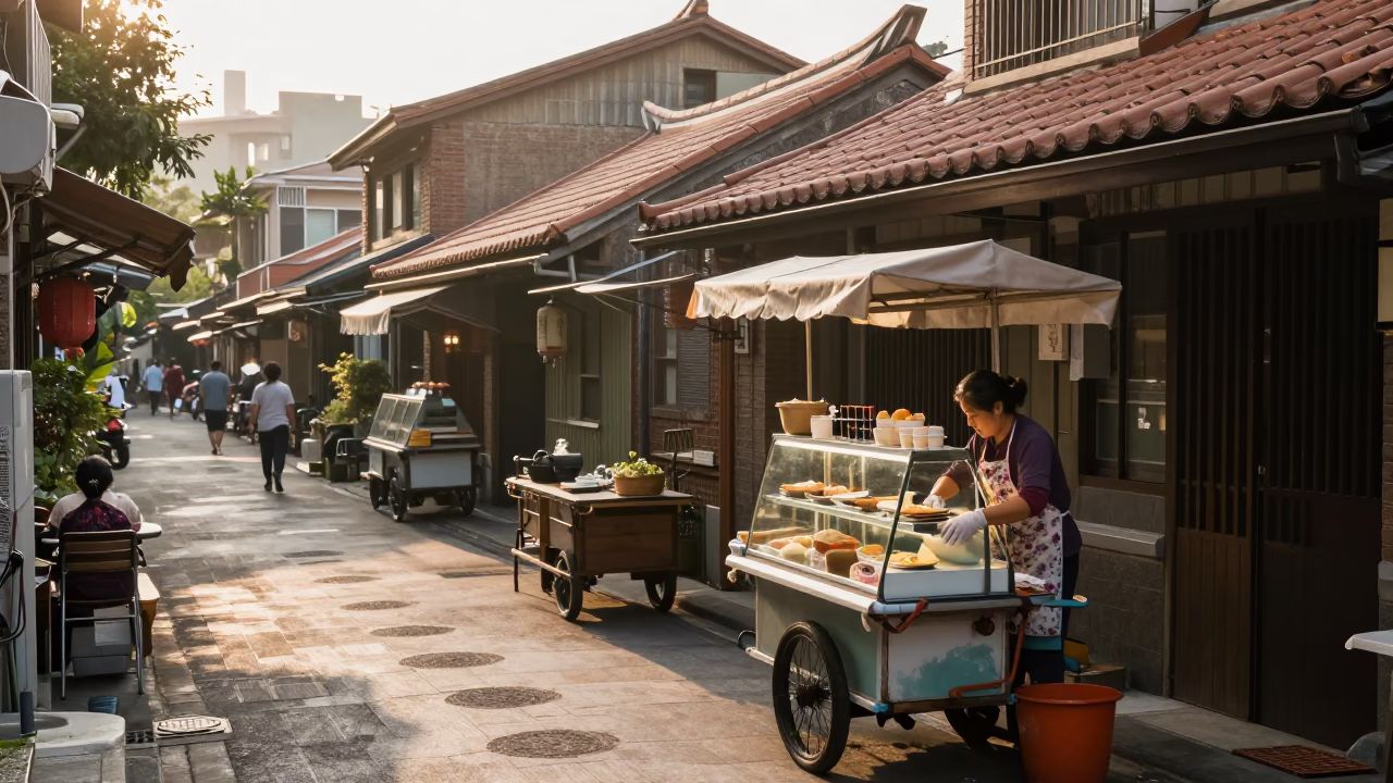 Taipei Morning Street Scene with Tea Stains and Breakfast Plate in in Taipei, Taiwan