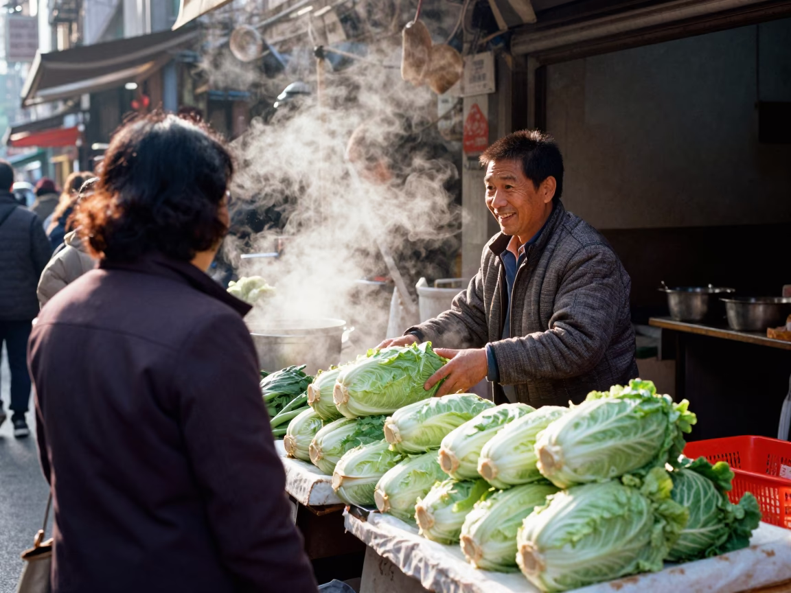Taipei Morning Street Scene with Vendor and Cabbages in in Taipei, Taiwan