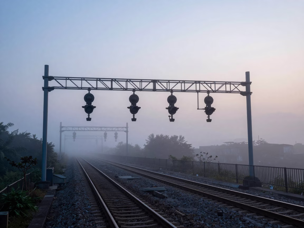Taipei Nautical Dawn Mist Over Rail Signal Gantry and Parallel Tracks in in Taipei, Taiwan